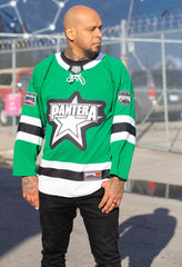 PANTERA 'A NEW LEVEL' deluxe hockey jersey in kelly, white, and black front view on model