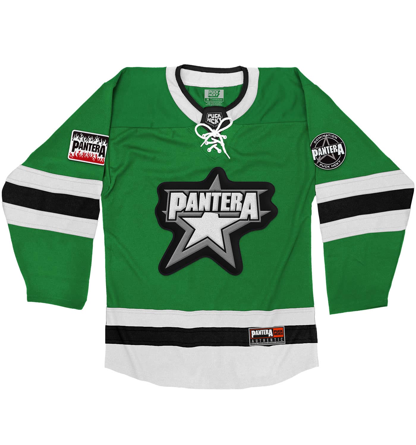 PANTERA 'A NEW LEVEL' deluxe hockey jersey in kelly, white, and black front view