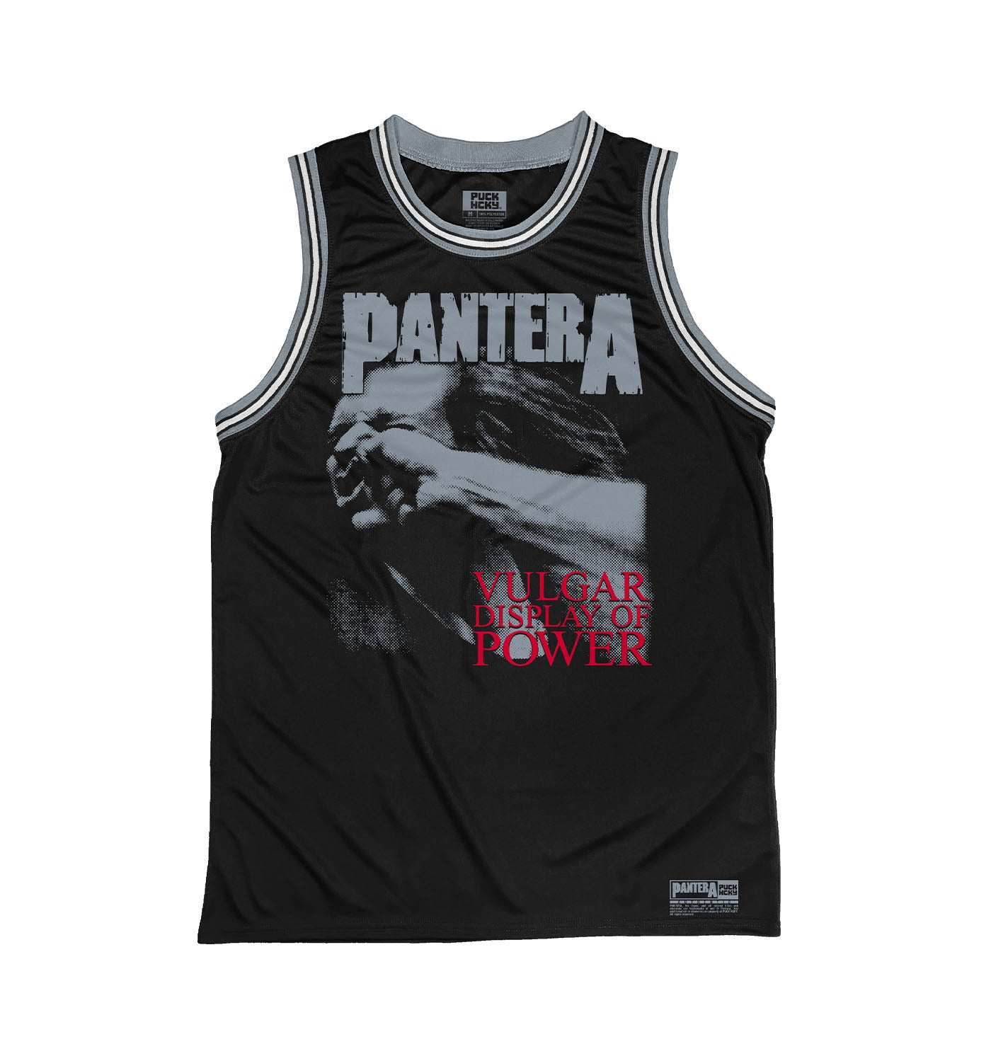 PANTERA 'A VULGAR DISPLAY' sleeveless summer league jersey in black, grey, and white front view