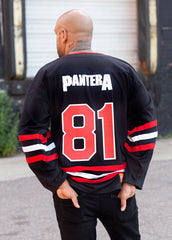 PANTERA 'STRONGER THAN ALL' deluxe hockey jersey in black, red, and white back view on model