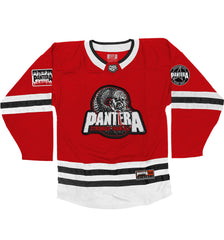PANTERA 'STRONGER THAN ALL' deluxe hockey jersey in red, white, and black front view