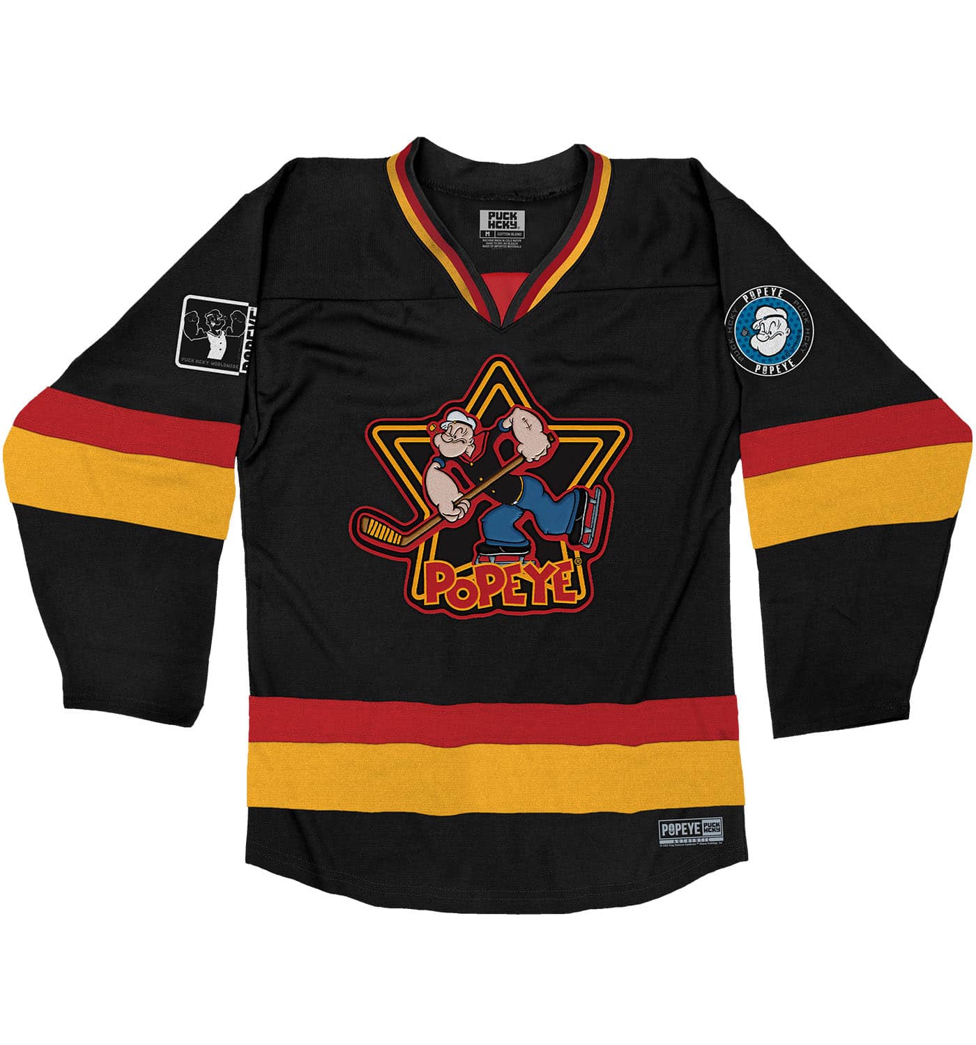 POPEYE 'STRONG TO THE FINISH' deluxe hockey jersey in black, red, and gold front view