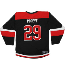 POPEYE 'STRONG TO THE FINISH' hockey jersey in black, red, and white back view