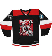 POPEYE 'STRONG TO THE FINISH' hockey jersey in black, red, and white front view