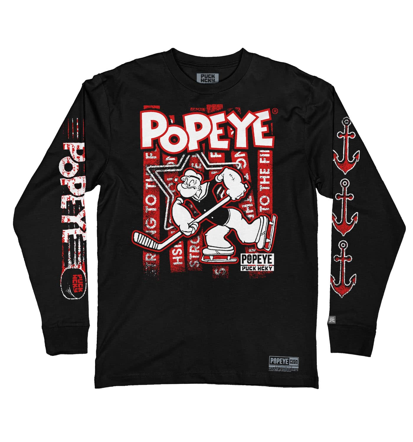 POPEYE 'STRONG TO THE FINISH' long sleeve hockey t-shirt in black front view