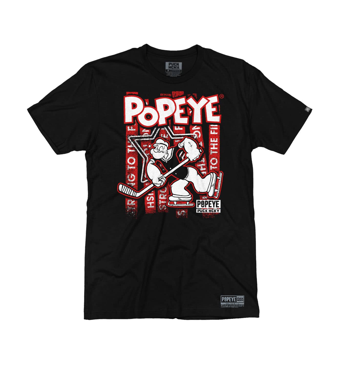 POPEYE 'STRONG TO THE FINISH' short sleeve hockey t-shirt in black front view