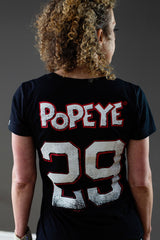 POPEYE 'STRONG TO THE FINISH' women's short sleeve hockey t-shirt in black back view on model