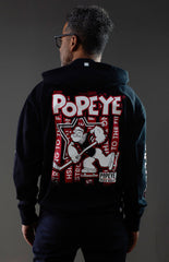 POPEYE 'STRONG TO THE FINISH' full zip hockey hoodie in black back view on model