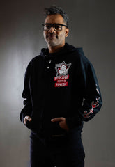 POPEYE 'STRONG TO THE FINISH' full zip hockey hoodie in black front view on model