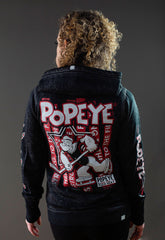 POPEYE 'STRONG TO THE FINISH' women's full zip hockey hoodie in acid black back view on model