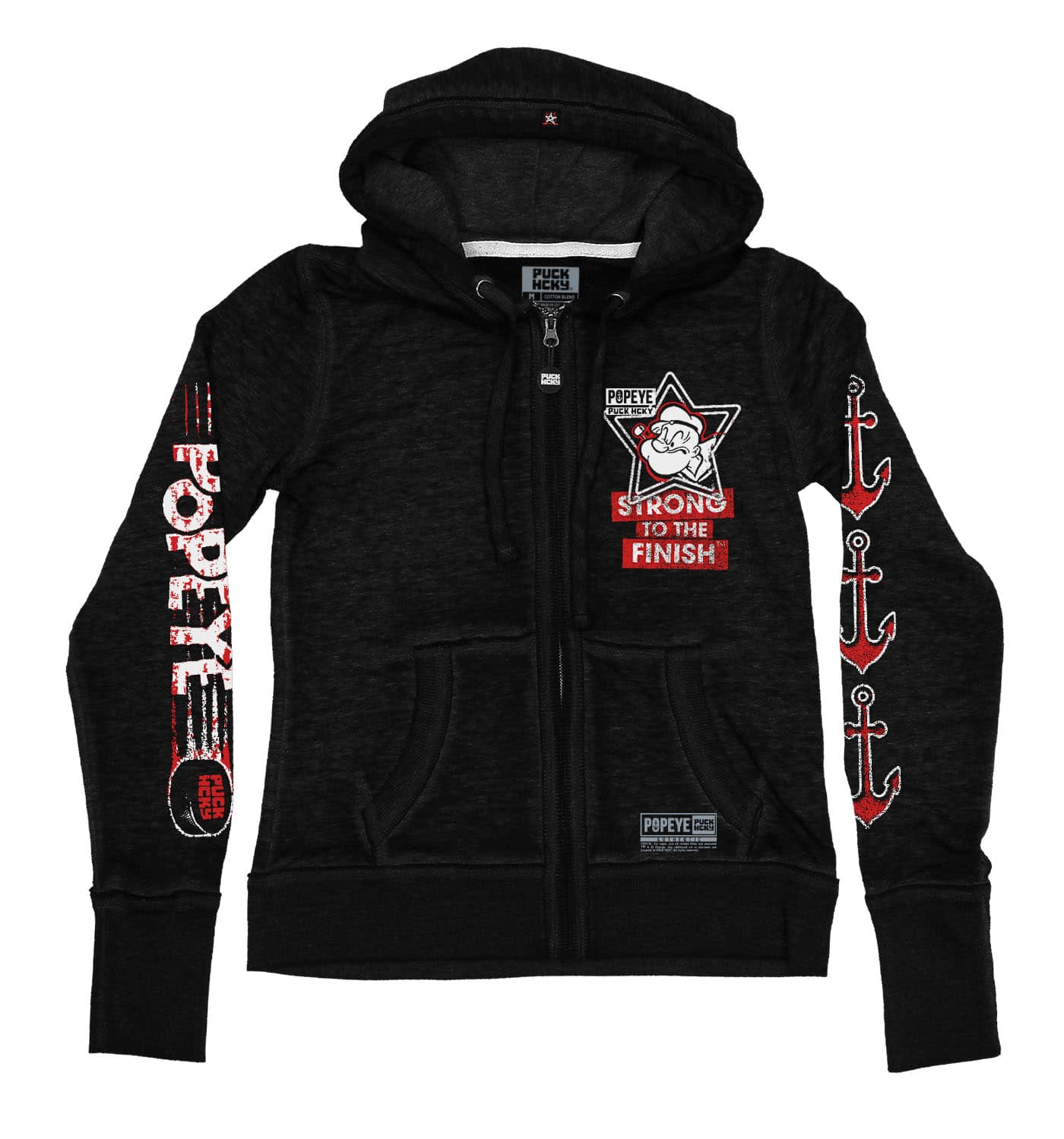 POPEYE 'STRONG TO THE FINISH' women's full zip hockey hoodie in acid black front view
