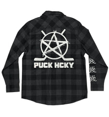 PUCK HCKY 'BIG STAR’ hockey flannel in charcoal heather and black back view