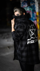 PUCK HCKY 'BIG STAR’ lightweight hockey flannel in charcoal heather and black back view on model