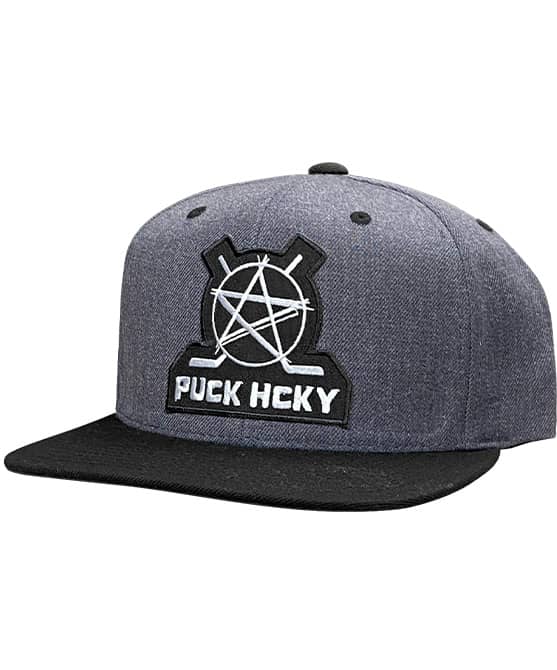 PUCK HCKY 'BIG STAR' flat bill snapback hockey cap in dark heather with black brim front view
