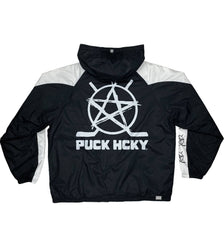 PUCK HCKY 'BIG STAR' zip-up hockey homefield jacket in black and white back view