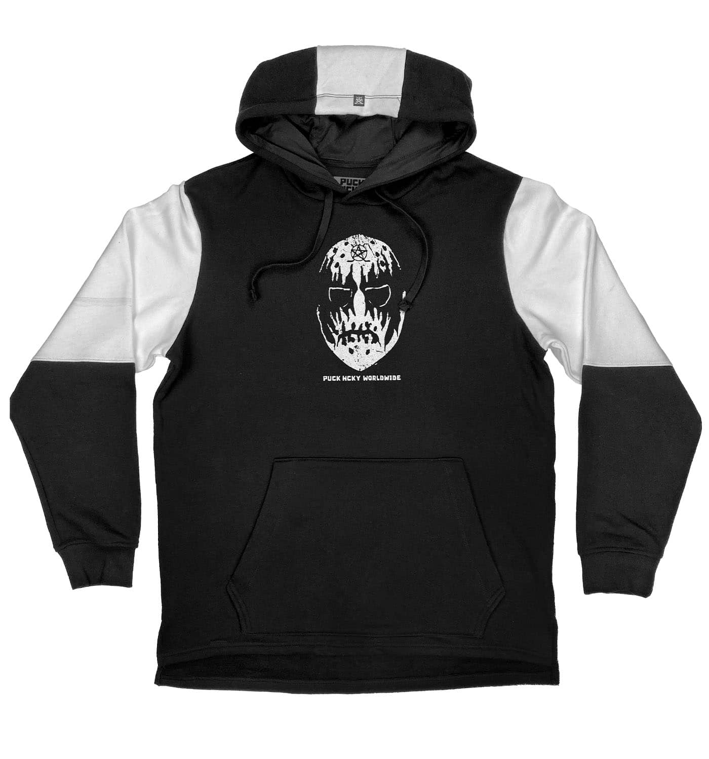 PUCK HCKY 'CORPSE PAINT' pullover hockey hoodie in black and white front view