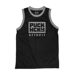 PUCK HCKY 'DETROIT' sleeveless summer league jersey in black, grey, and white front view