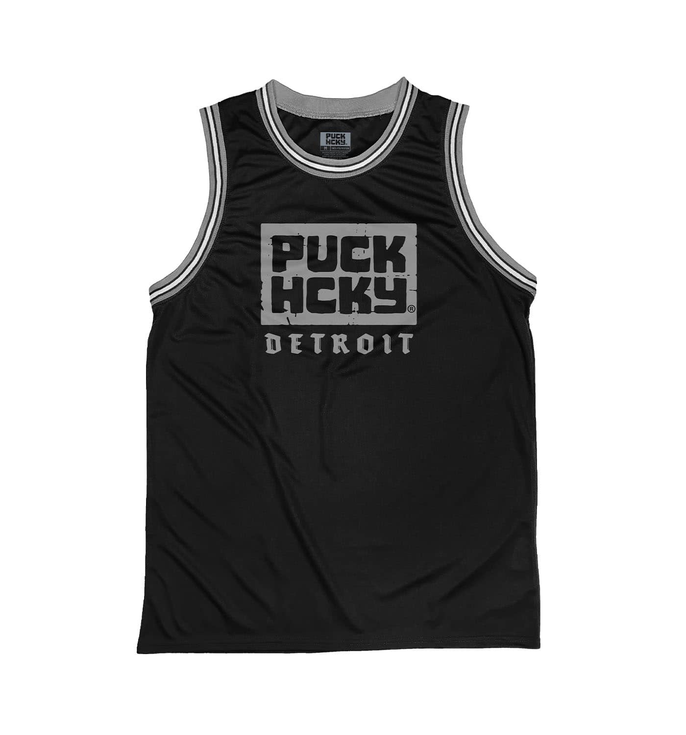 PUCK HCKY 'DETROIT' sleeveless summer league jersey in black, grey, and white front view