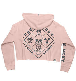 PUCK HCKY 'EQUIPMENT HAZMAT' women's cropped hockey hoodie in blush back view