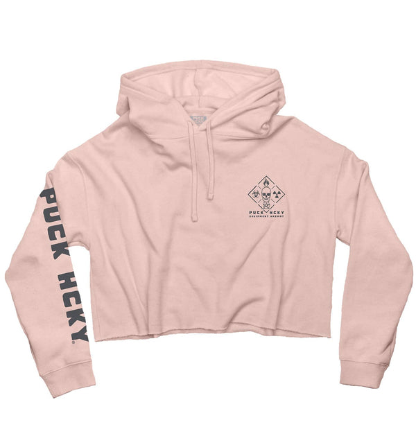 PUCK HCKY 'EQUIPMENT HAZMAT' women's cropped hockey hoodie in blush front view