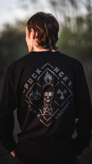 PUCK HCKY 'EQUIPMENT HAZMAT' long sleeve hockey t-shirt in black back view on model