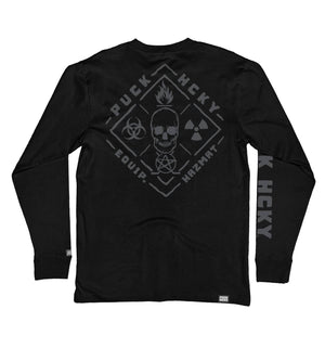 PUCK HCKY 'EQUIPMENT HAZMAT' long sleeve hockey t-shirt in black back view