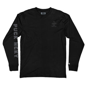 PUCK HCKY 'EQUIPMENT HAZMAT' long sleeve hockey t-shirt in black front view