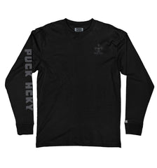 PUCK HCKY 'EQUIPMENT HAZMAT' long sleeve hockey t-shirt in black front view