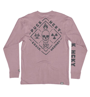 PUCK HCKY 'EQUIPMENT HAZMAT' long sleeve hockey t-shirt in pink back view