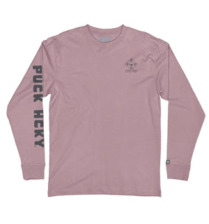 PUCK HCKY 'EQUIPMENT HAZMAT' long sleeve hockey t-shirt in pink front view