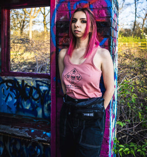 PUCK HCKY 'EQUIPMENT HAZMAT' women's hockey tank top in pink on model