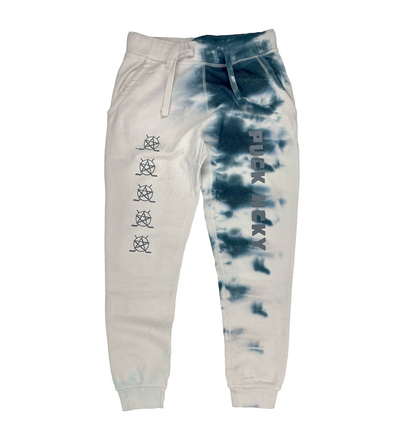 PUCK HCKY 'EQUIPMENT HAZMAT' limited edition hockey joggers in bone with custom tie-dye front view