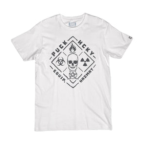PUCK HCKY 'EQUIPMENT HAZMAT' short sleeve hockey t-shirt in white front view