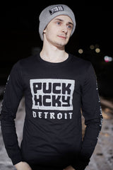 PUCK HCKY 'DETROIT' long sleeve hockey t-shirt in black on model