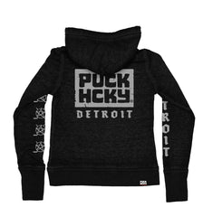 PUCK HCKY ‘DETROIT’ women's full zip hockey hoodie in acid black back view