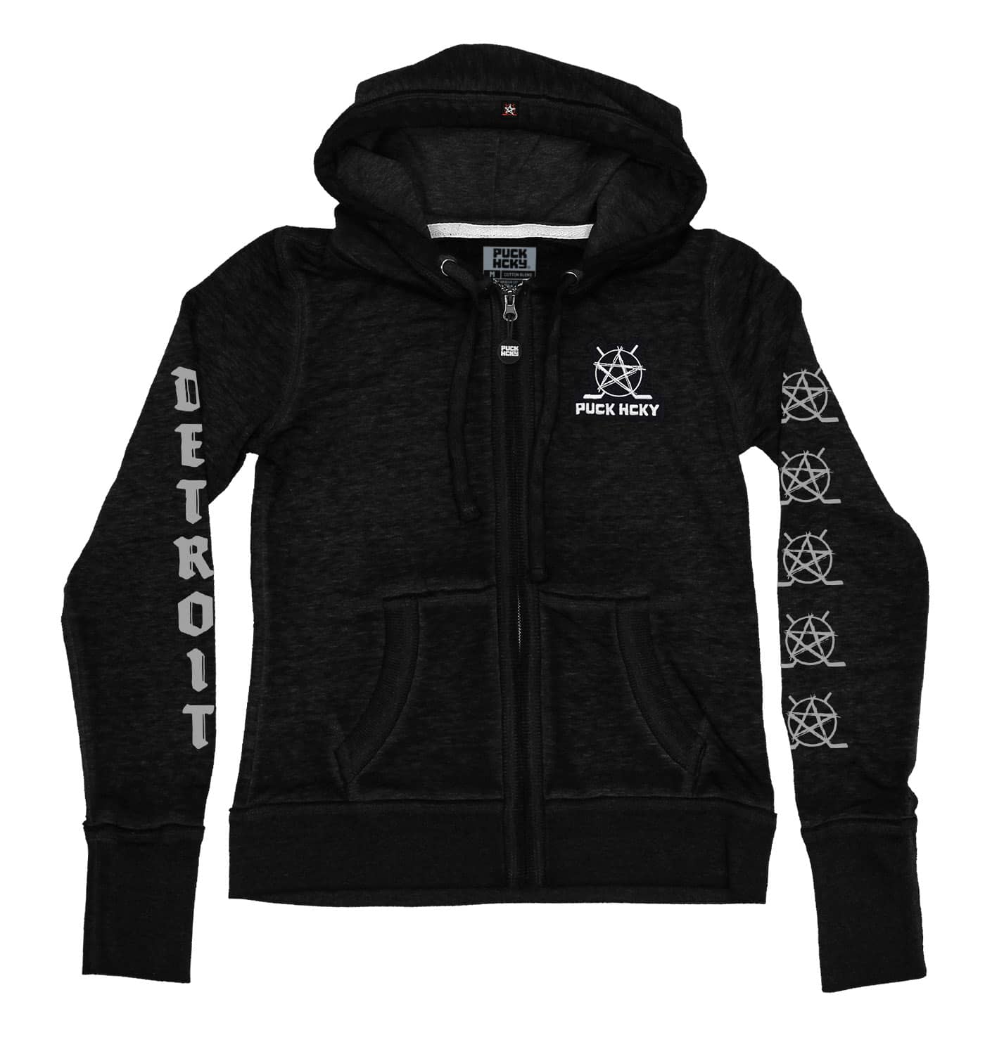 PUCK HCKY ‘DETROIT’ women's full zip hockey hoodie in acid black front view
