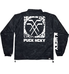 PUCK HCKY 'NU STIX' hockey coaches jacket in black camo back view