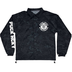 PUCK HCKY 'NU STIX' hockey coaches jacket in black camo front view