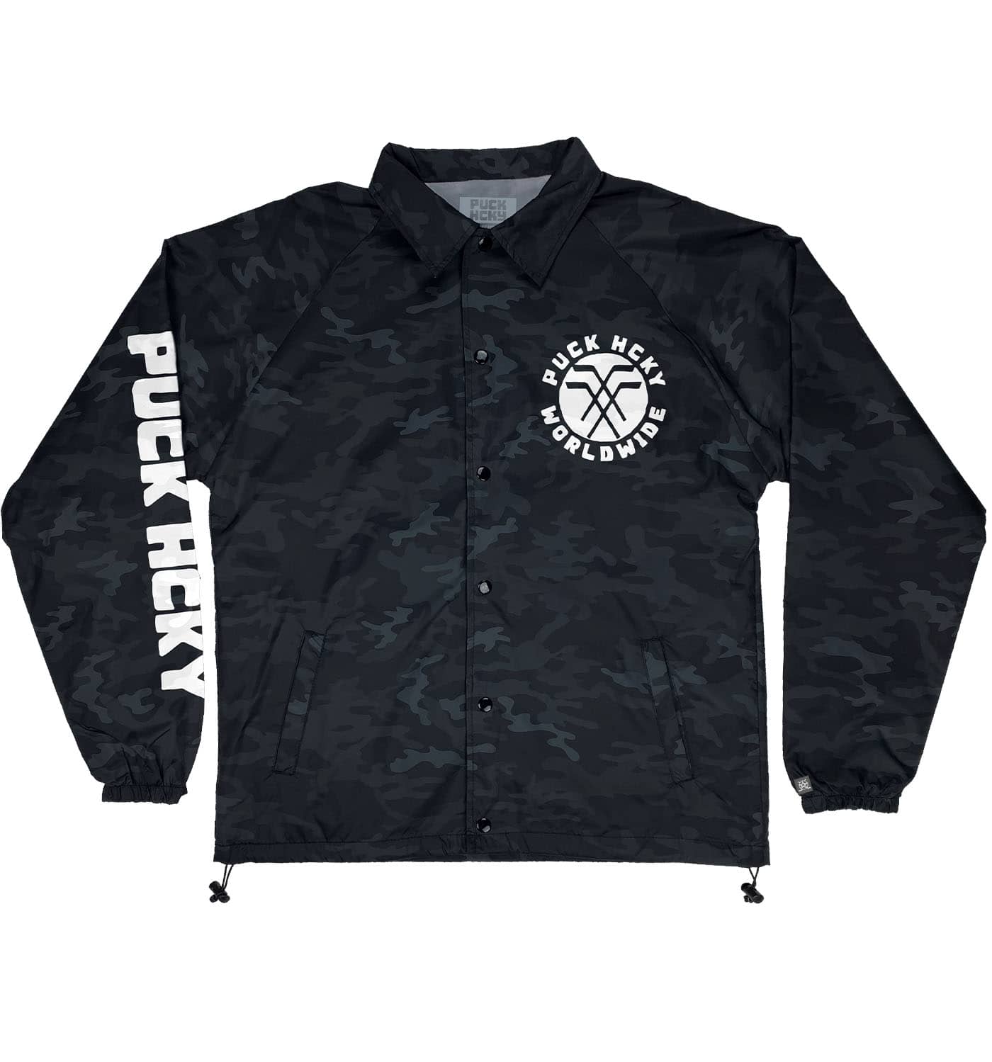 PUCK HCKY 'NU STIX' hockey coaches jacket in black camo front view