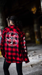 PUCK HCKY 'PENTASTICK’ lightweight hockey flannel in red and black back view on model