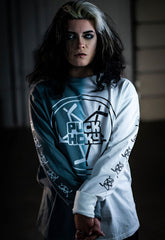 PUCK HCKY 'PENTASTICK LUNAR' long sleeve hockey t-shirt in grey and white tie dye front view on model