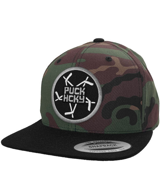 PUCK HCKY 'PENTASTICK' flat bill snapback hockey cap in camo with black brim