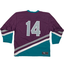 PUCK HCKY 'PENTASTICK' hockey jersey in purple, teal, and grey back view
