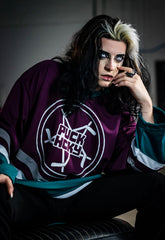 PUCK HCKY 'PENTASTICK' hockey jersey in purple, teal, and grey front view on model