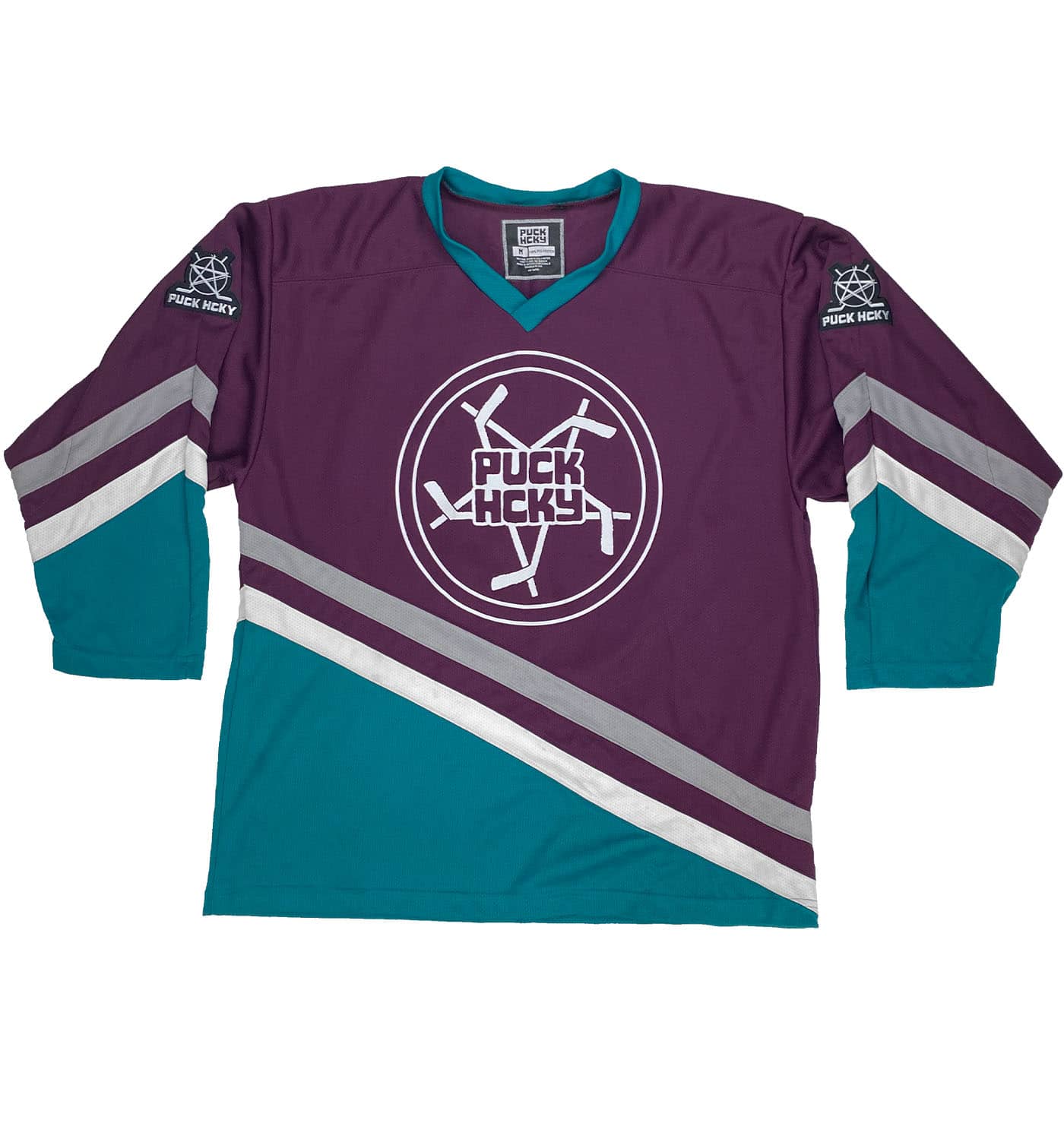 PUCK HCKY 'PENTASTICK' hockey jersey in purple, teal, and grey front view