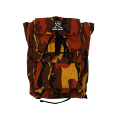 PUCK HCKY 'SKATE MARKS' hockey game-day travel pack in orange camo front view