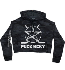 PUCK HCKY SKATE MARKS' women's pullover crop hockey hoodie in black camo