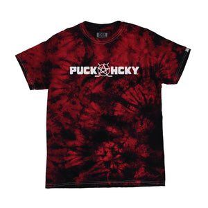PUCK HCKY 'SKATE MARKS' short sleeve tie-dye hockey t-shirt in red and black front view