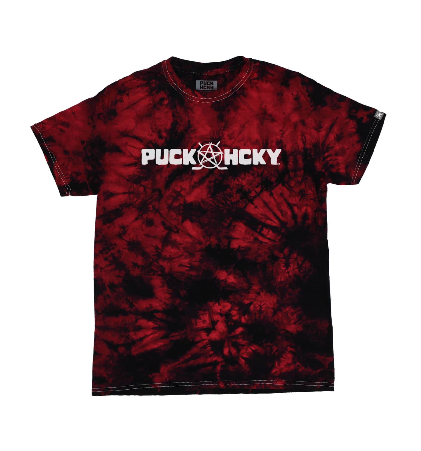 PUCK HCKY 'SKATE MARKS' short sleeve tie-dye hockey t-shirt in red and black front view