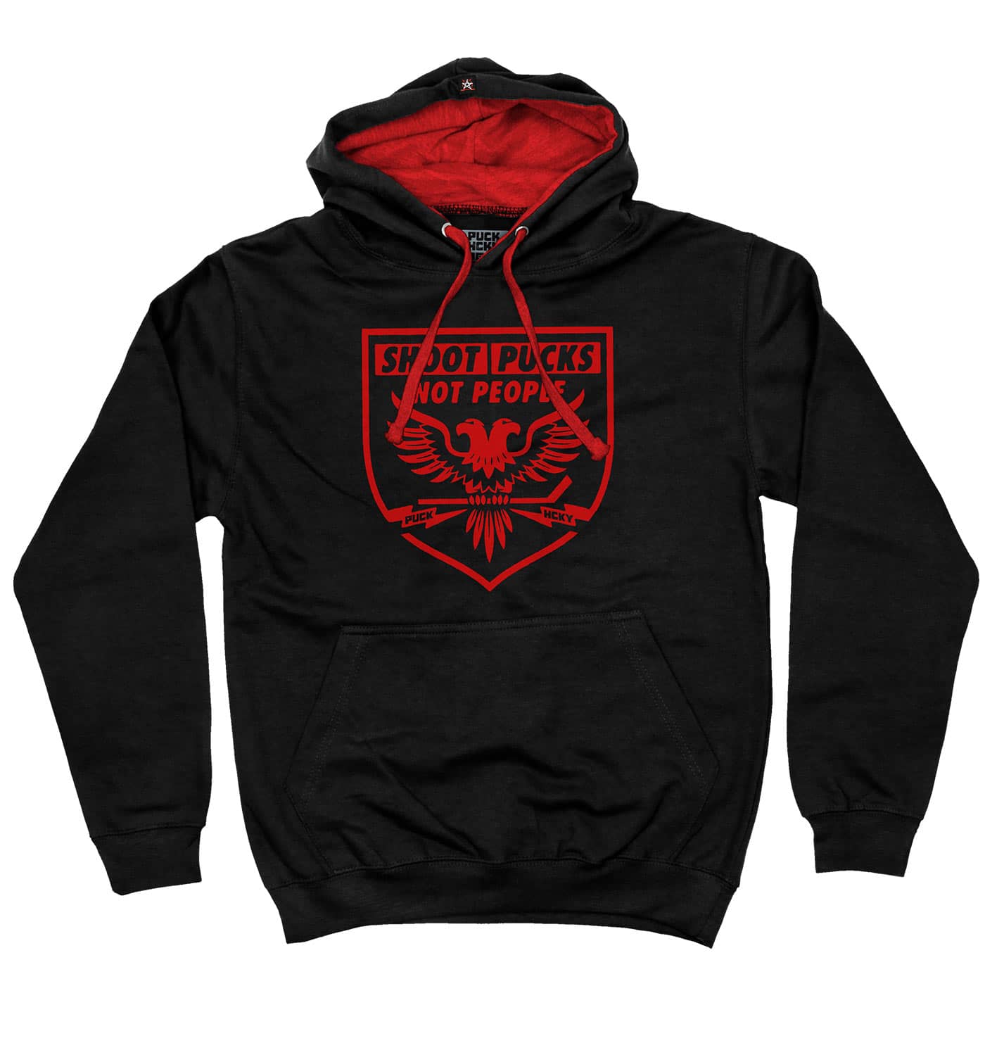 PUCK HCKY 'SHOOT PUCKS NOT PEOPLE - BATTLE EAGLE' pullover colorblock hockey hoodie in black and red
